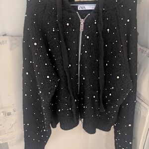 Zara Black Pearl-Embellished Zip Cardigan